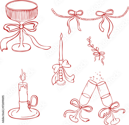 vector set of christmas decorations, party decor, Bows, Candle, Stocking, Bell