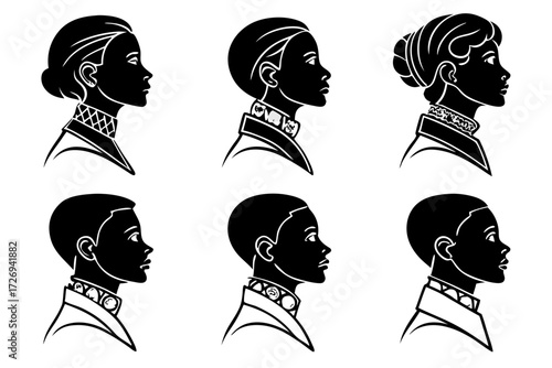 Silhouettes of women and girls vector art featuring diverse hairstyles and elegant collar designs vector