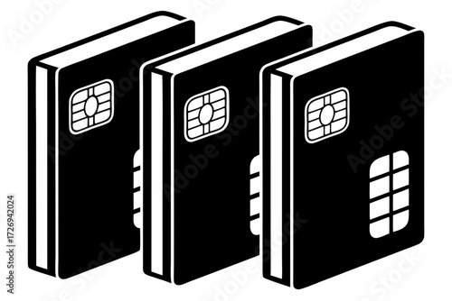 Three black and white sim cards vector illustration for mobile phone technology and communication design silhouette