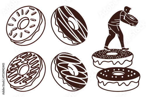 Delicious donuts vector illustration with man carrying donut, sweet pastry dessert bakery shop graphic design silhouette