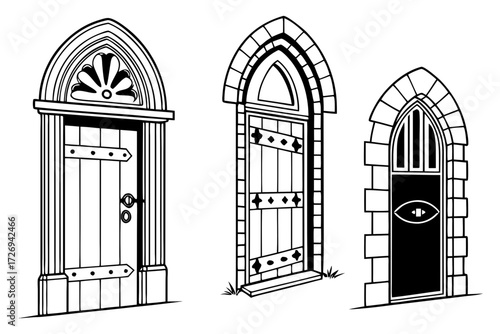 Illustration of medieval doors gothic architecture arched doorways stone entrance vector line art drawing style silhouette