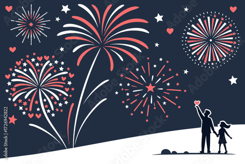 Fireworks celebration vector illustration for new year christmas independence day and special events with family silhouette