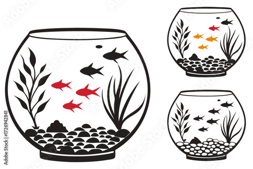 Fish bowl aquarium vector graphic with fish seaweed and pebbles design for pet shop and hobbyist use silhouette