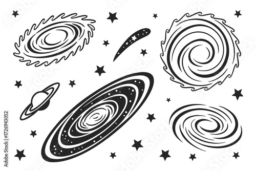 Explore cosmic wonders vector illustration of galaxies planets and stars in space for astronomy enthusiasts silhouette