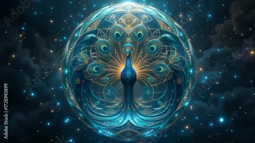 Cosmic Peacock Majesty - 4K Sacred Geometry Vision for Spiritual Visuals & Wall Art  