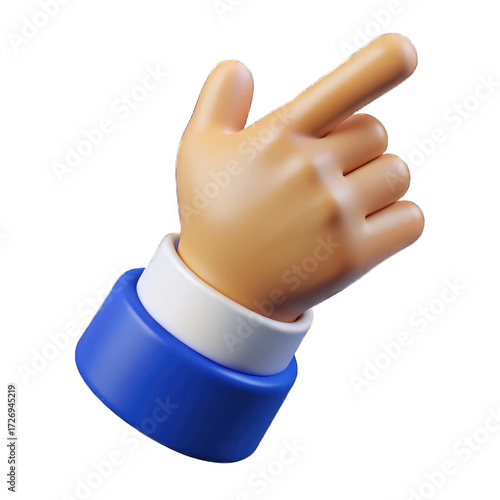A 3D cartoon hand pointing with an index finger. A symbol for clicking, selecting, or a call to action 