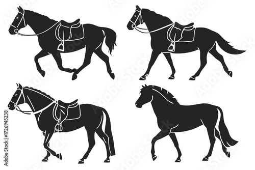 Four black horse silhouettes with saddles and bridles in various poses on a white background design