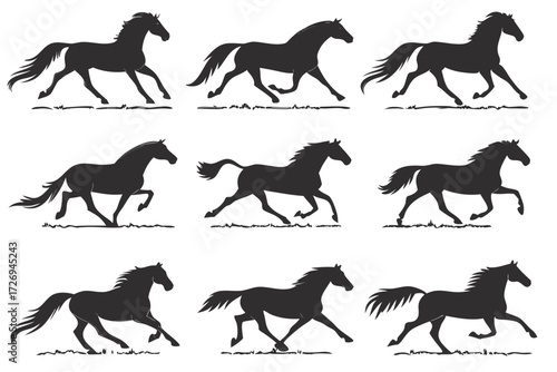 Collection of nine black horse silhouettes in various running poses against a white background image art