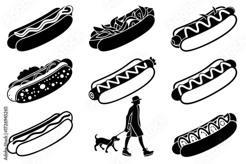 A collection of hot dog illustrations with various toppings and a person walking a dog silhouette