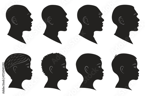Eight silhouette profiles of human heads showing different hairstyles and head shapes in black and white