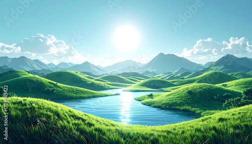 Fototapeta Naklejka Na Ścianę i Meble -  Lush green valley with a serene lake and mountains