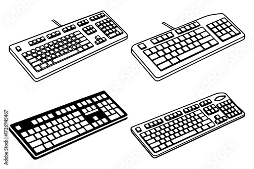Four keyboards with different designs and layouts displayed in a monochromatic illustration style view silhouette