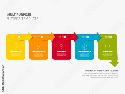 A vibrant multipurpose 5 steps template infographic with colorful arrows and numbered steps for process visualization. Versatile 5 steps template perfect for presenting sequential info or process.