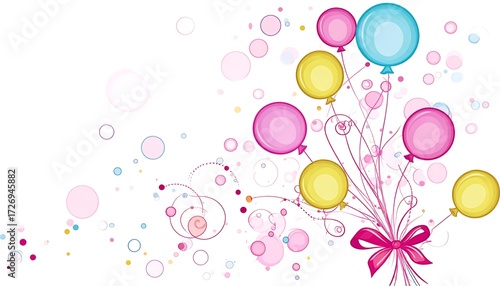 A colorful vector graphic features floating balloons in shades of pink, yellow, and blue, with a delicate bow at the bottom and playful swirls