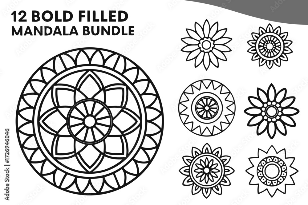 Fototapeta premium Collection of various floral mandala designs in black outline featuring geometric and organic patterns and shapes silhouette