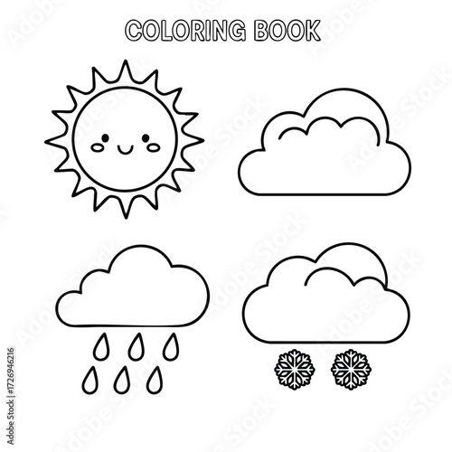 A delightful collection of weather-themed elements suitable for a creative coloring activity for children.