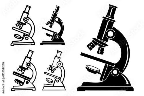 Illustration showing multiple black and white microscope designs with varying sizes and styles shown clearly silhouette