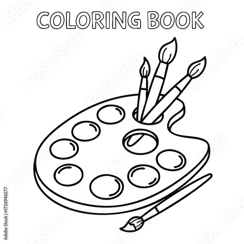A creative coloring book design featuring a paint palette with brushes and vibrant colors for artistic expression.