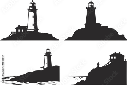Four lighthouse silhouettes on rocky coasts with one including a house and a person photographing the scene