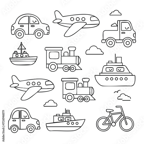 A whimsical collection of various modes of transportation including cars, planes, boats, and bicycles in a playful design.