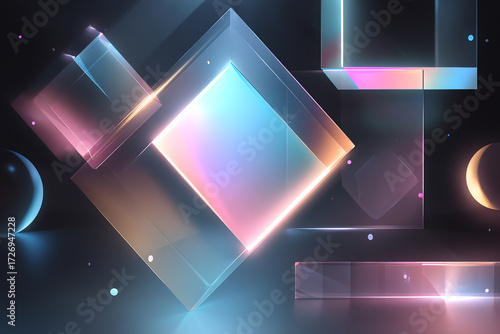 Abstract geometric display: A vibrant array of luminous, multicolored geometric shapes, including squares, rectangles, and spheres, float weightlessly in a dark, ethereal space. These forms.