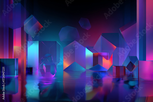 Geometric Abstract Composition: A vibrant and captivating digital composition featuring an array of geometric shapes, bathed in a dazzling display of luminous light, offering a modern artistic flair.