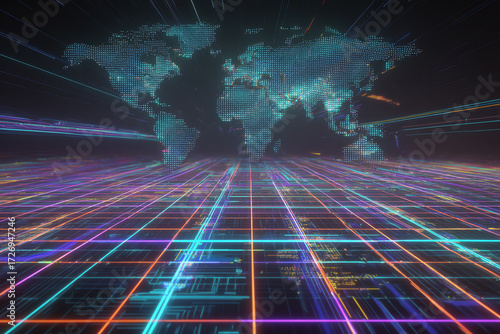 Global Data Grid: A futuristic representation of global interconnectedness and data flow, featuring a vibrant grid overlaying the Earth map.