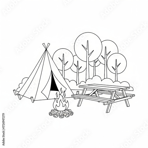 Camping scene with tent campfire and picnic table line art
