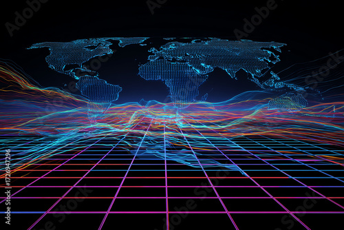 Global Network Visualization: An abstract digital art piece depicts a dynamic and interconnected world.