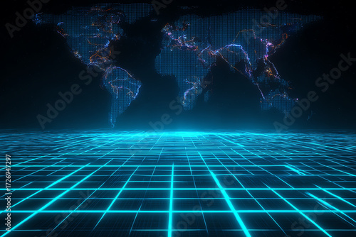 Digital World Map: A digital rendering of the world map, showcasing a network of connections and data flow over a stylized grid, representing the interconnectedness of the modern world.