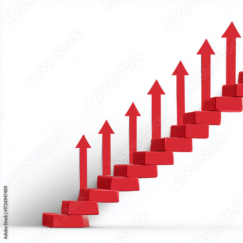 Upward trending concept with a red staircase and arrows, indicating growth and progress