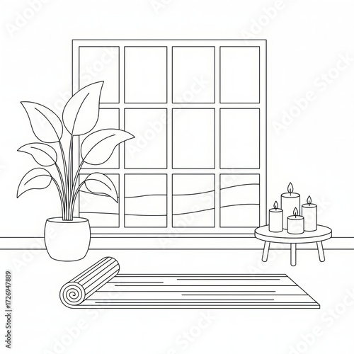 Yoga corner with mat candles and plant line art
