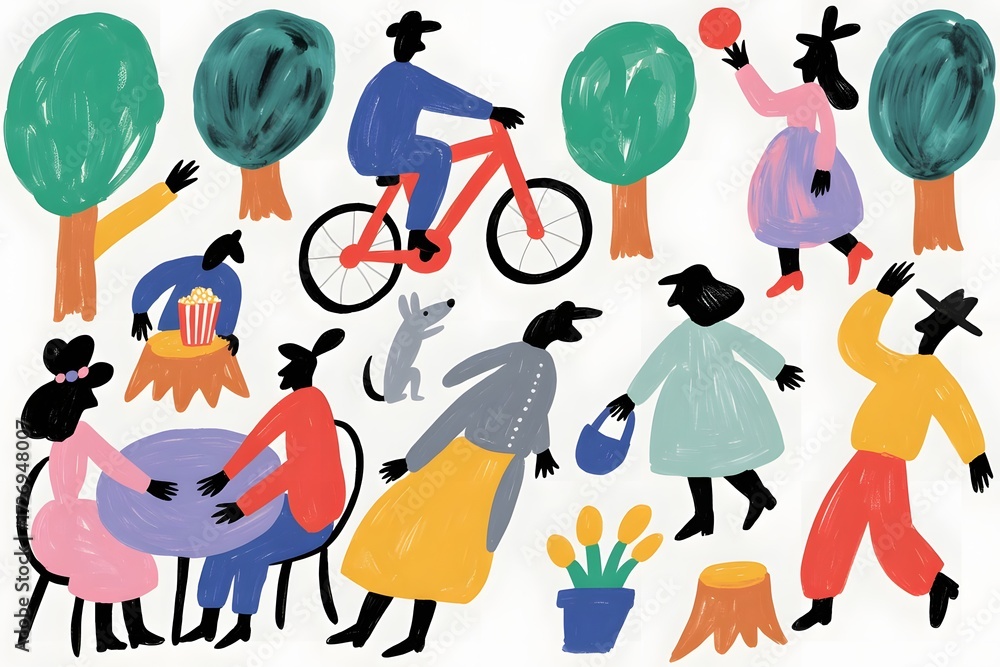 Fototapeta premium People enjoying activities in the park with trees and a dog on a bright sunny day illustration