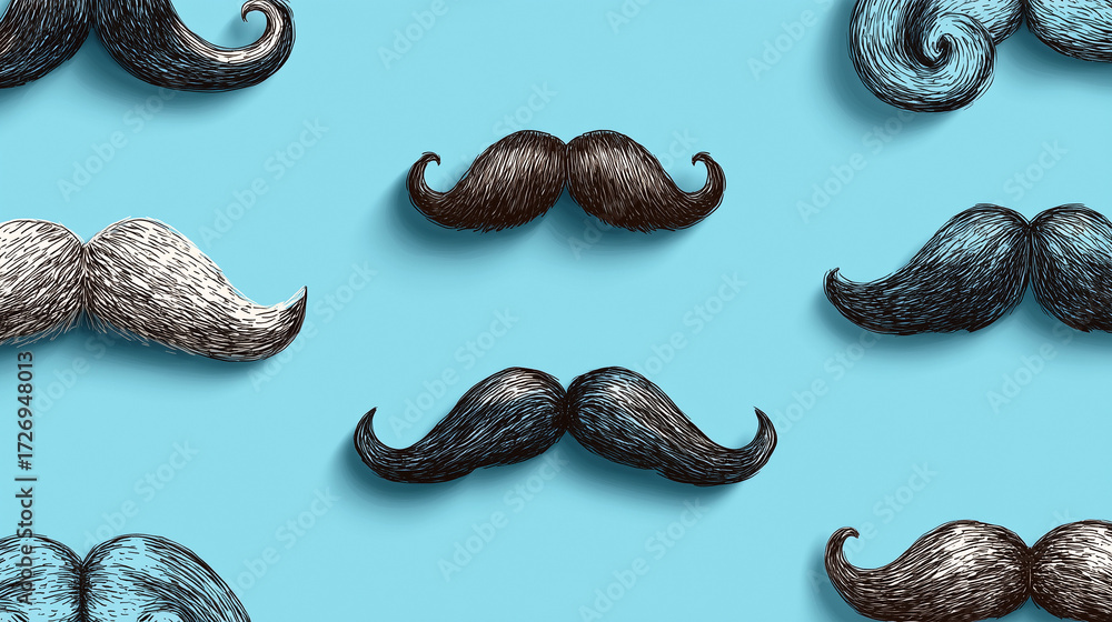 Obraz premium Various stylized mustaches on blue background
