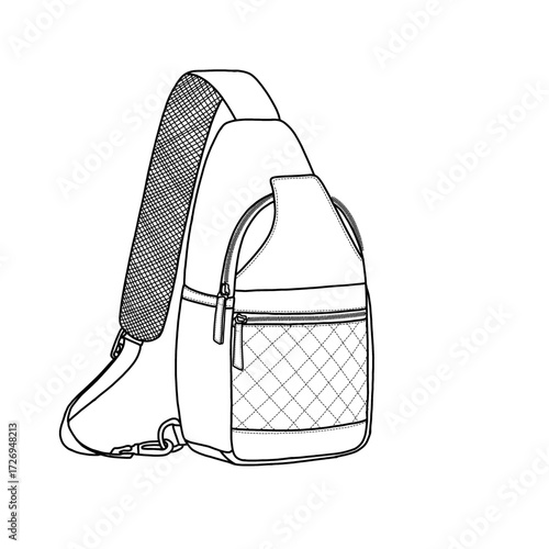 Sling bag, crossbody backpack for men and women, one strap backpack for travel, chest sling bag, adjustable padded strap, and breathable back pad vector icon line art. Isolated on a white background.