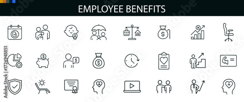 Employee Benefits Icon Set for HR Platforms, Workplace Wellness, and Career UI Design
