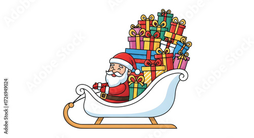 Joyful cartoon Santa Claus riding in a classic sleigh overloaded with a giant stack of colorful holiday gifts and presents