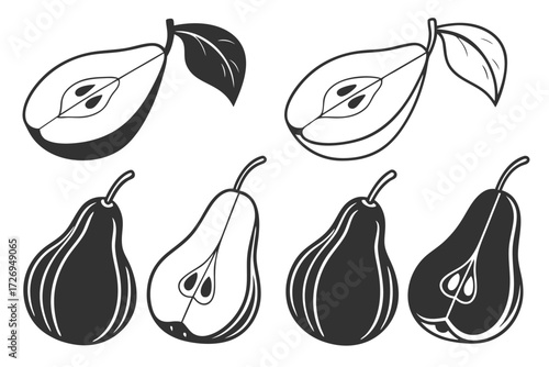 Illustration of several pears in black and white with halves and whole fruits with leaves, simple style silhouette