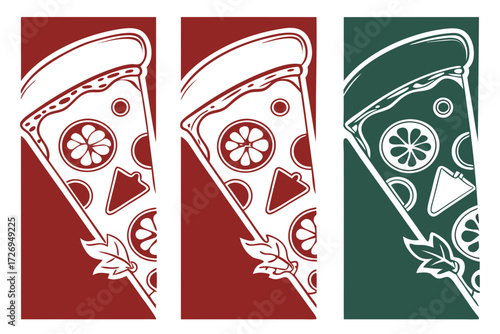 Illustration showcasing three pizza slice icons with different color backgrounds and toppings details clearly visible silhouette