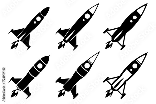 Illustration of six black and white rocket ships with flames in various designs and orientations in space silhouette