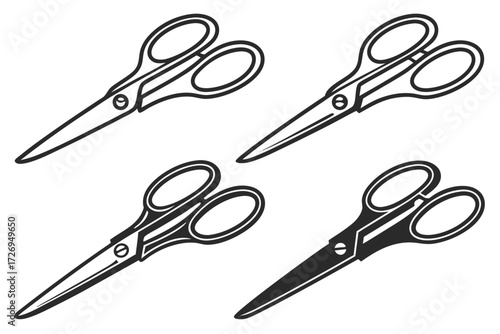 Four scissors in various styles and orientations displayed in a monochromatic vector graphic format image silhouette