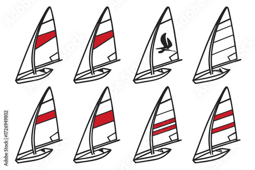 Collection of eight sailboats with different sail designs including stripes and a bird logo image art silhouette