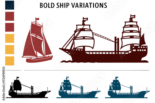 Illustration showing multiple ship silhouettes in various colors and styles on a white background artfully