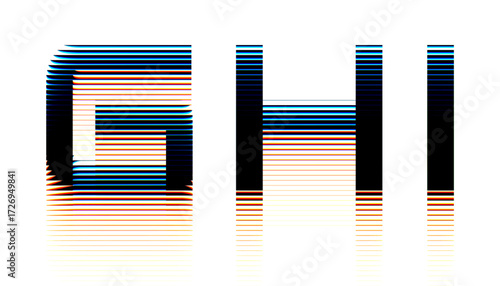 Futuristic alphabet with ribbed glass effect and vibrant prismatic chromatic aberration effects. Geometric bold typography set distorted through transparent fractal glass by horizontal ribs. Vector
