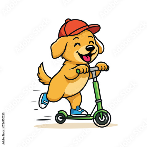 A playful dog in a baseball cap and sneakers, riding a scooter, cartoon style, vector art, white background.