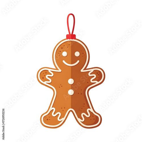 Smiling gingerbread man Christmas ornament with white icing. Festive holiday cookie decoration isolated on a white background, vector illustration