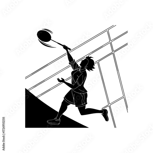 Silhouette Female Tennis Player Serving Ball with Dynamic Court Action Illustration