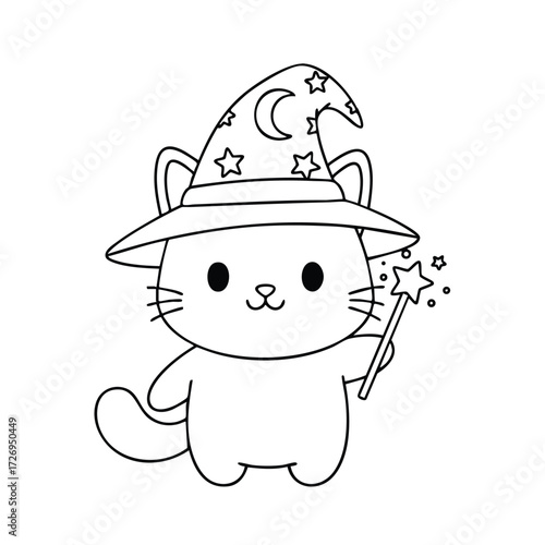 A whimsical cat character wearing a wizard hat and holding a magic wand with sparkling stars in its paw.