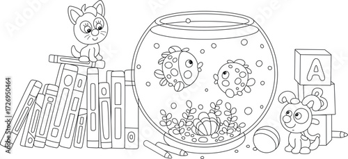 Cheerful kitten and puppy watching funny fishes swimming in a round aquarium with a tropical shell and seaweeds, black and white outline vector cartoon illustration