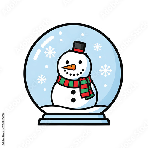 Cartoon snowman in a glass snow globe with falling snowflakes, a festive winter holiday vector illustration